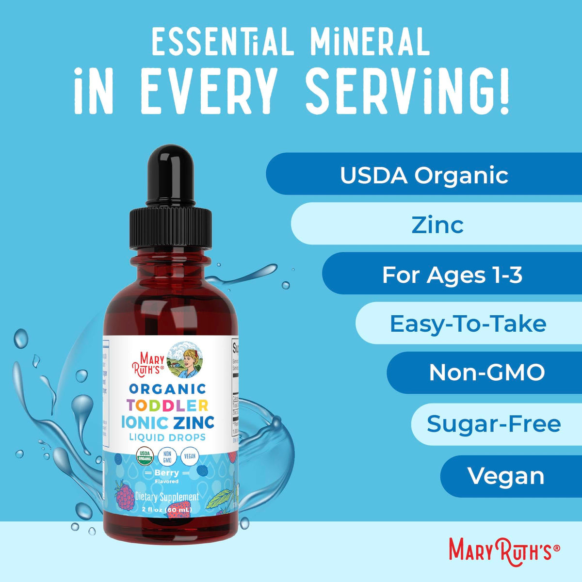 MaryRuth Organics USDA Toddler Liquid Drops | Zinc Sulfate | Immune Support Supplement| Skin Health | Vegan | Formulated for Ages 1-3 | Delicious Berry Flavor | 1 Month Supply | 2 Fl Oz MARYRUTH'SBuy Supplements Australia