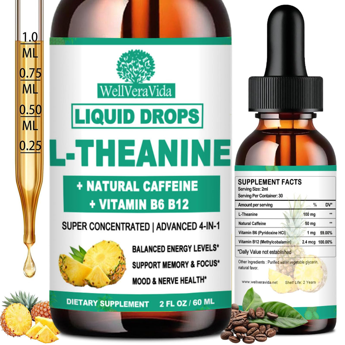 L Theanine Caffeine Liquid Drops, High Potency L-Theanine 100mg w. Caffeine Vitamin B12 B6, Natural Nootropic Brain for Smooth Energy Focus Alertness, 6X Stronger Than Pills Powder Gum WellVeraVidaBuy Supplements Australia