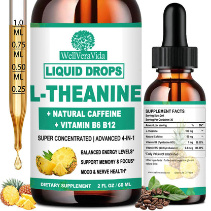 L Theanine Caffeine Liquid Drops, High Potency L-Theanine 100mg w. Caffeine Vitamin B12 B6, Natural Nootropic Brain for Smooth Energy Focus Alertness, 6X Stronger Than Pills Powder Gum WellVeraVidaBuy Supplements Australia