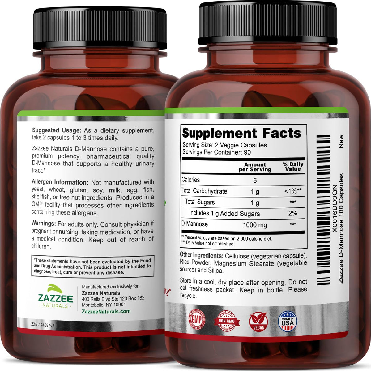 Zazzee D-Mannose, 1000 mg per Serving, 180 Vegan Capsules, 3 Month Supply, Potent ZazzeeBuy Supplements Australia