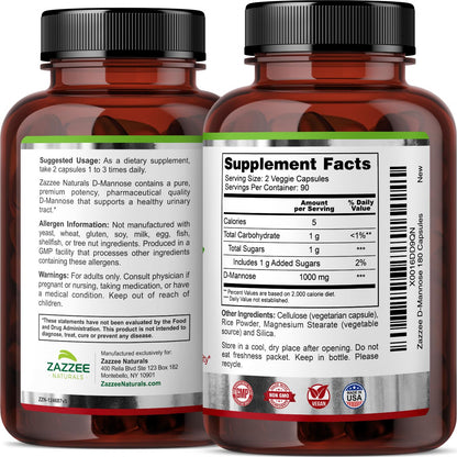 Zazzee D-Mannose, 1000 mg per Serving, 180 Vegan Capsules, 3 Month Supply, Potent ZazzeeBuy Supplements Australia