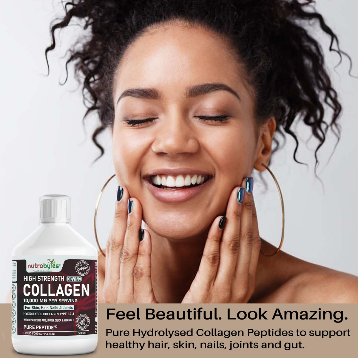 Collagen Liquid 10000mg, Hydrolysed Peptides | Hyaluronic Acid, Biotin, Silica, Vitamin C, Vitamin B12 NUTRABYTESBuy Supplements Australia