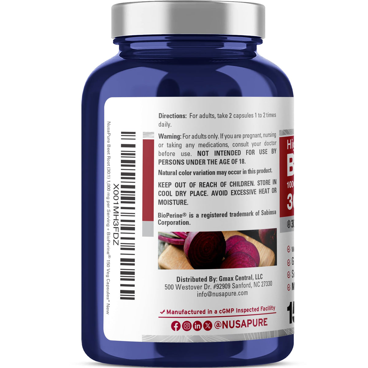 NusaPure Beet Root 30:1 Extract, 1000 mg Equivalent to 30,000 mg 150 Veggie caps (Vegan, Non-GMO & Vegan 4% Nitrates) Bioperine NusaPureBuy Supplements Australia