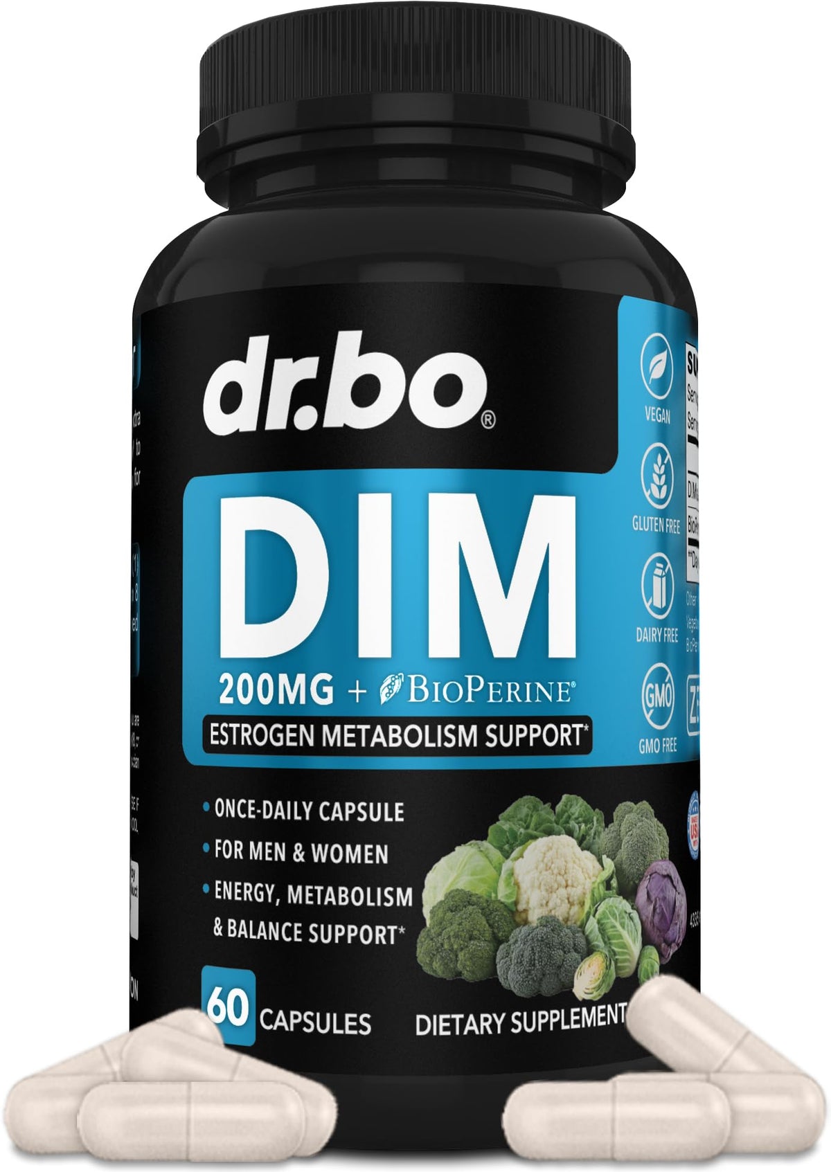 DIM Supplement for Women & Men 200mg - Androgen Estrogen Blocker for Men & Women, Hormonal Acne Pills, Hormone Balance, Menopause Support, Diindolylmethane DIM Supplement Plus BioPerine - 60 Capsules DR. BOBuy Supplements Australia
