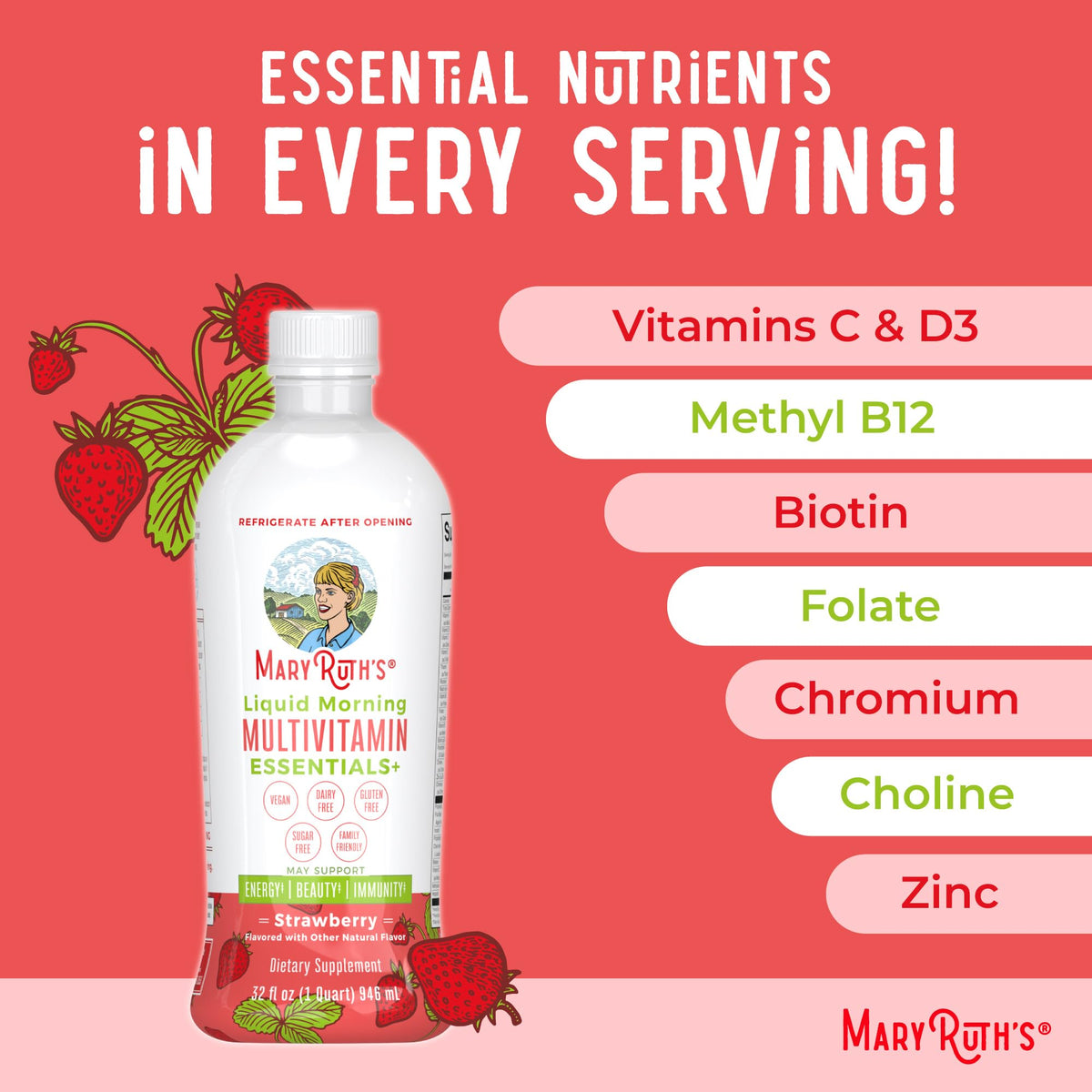 MaryRuth's Liquid Morning Multivitamin Essentials+ | Vitamin A C D E B6 B12 K2 Biotin Zinc | Mens Womens Multivitamin | Immune Support | Beauty | Sugar Free | Vitamins for Ages 1+ | Vegan | 32 Fl Oz MARYRUTH'SBuy Supplements Australia