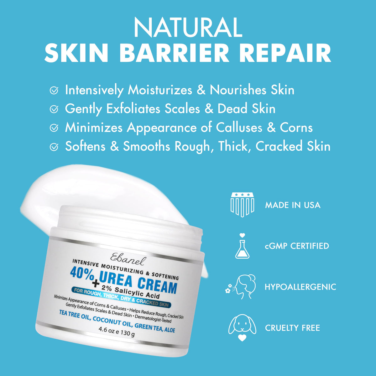 Ebanel Urea Cream 40% plus Salicylic Acid 2%, Foot Cream for Dry Cracked Heels Feet Knees Elbows Hands, Foot Dead Skin Cuticle Callus Remover Toenail Softener, Keratolytic Skin Barrier Repair Ebanel buy supplements Au