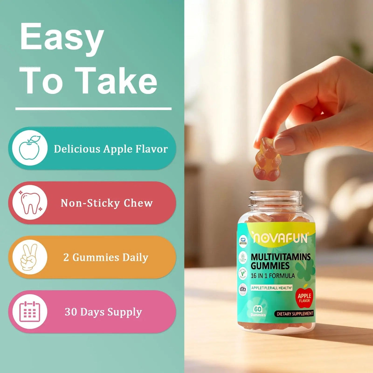 Novafun Multivitamin Gummies,16-in-1 Multi Vitamin Supplements for Women, Men & Kids, Essential Vitamins & Minerals Novafun