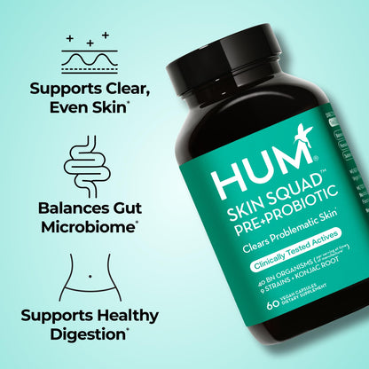 HUM Skin Squad Probiotics for Women and Men, Skin Care Supplement for Clear Complexion & Gut Health Support, Microbiome Prebiotic & Probiotic Supplement for Breakouts, Digestive Health, 60 Capsules HUMBuy Supplements Australia