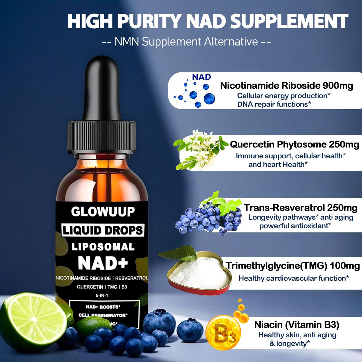 NAD Supplements for Women & Men, Liposomal NAD Nicotinamide Riboside Resveratrol 900mg w. B3 Vitamin Quercetin TMG, Liquid Resveratrol NAD Plus Supplement for Anti-Aging Energy Focus Longevity GLOWUUPBuy Supplements Australia