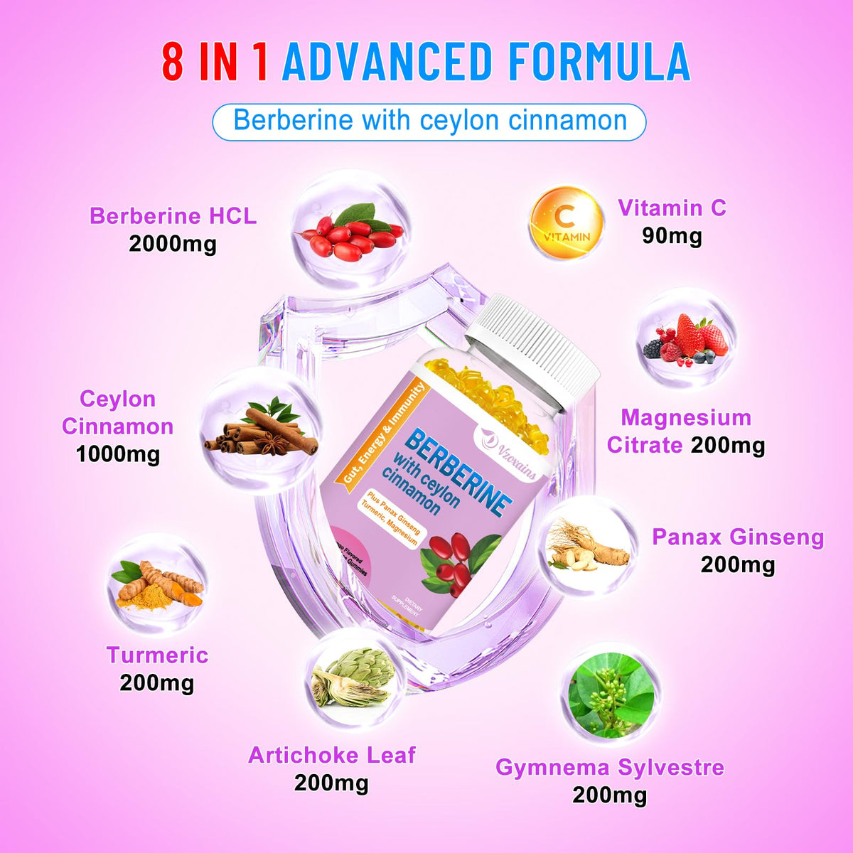 2 Pack Berberine with Ceylon Cinnamon Gummies, 2000mg High Potency Berberine HCI VZOXAINSBuy Supplements Australia