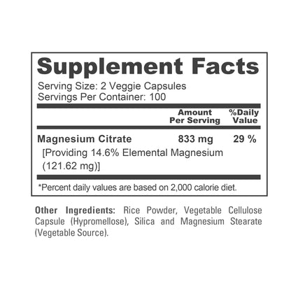 NusaPure Magnesium Citrate 833mg - 200 Veggie Capsules (Vegetarian, Non-GMO, Vegan) NusaPureBuy Supplements Australia