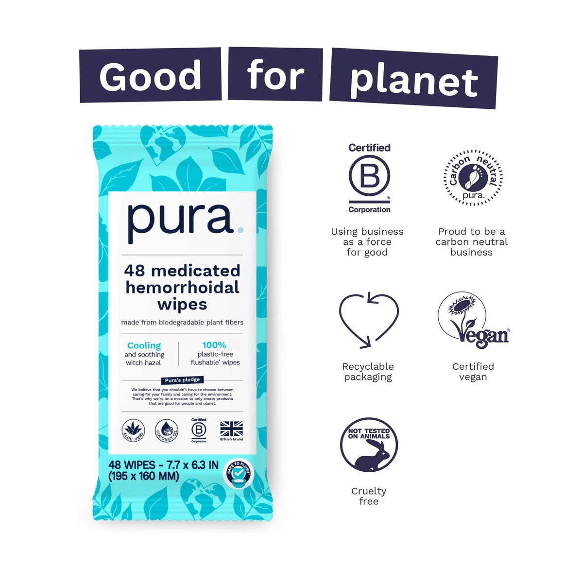 Pura Flushable Hemorrhoid Wipes XL, 48 Count, Medicated with Cooling Witch Hazel, Aloe & Coconut Oil, Fast Relief, Fragrance-Free, 100% Plastic-Free PuraBuy Supplements Australia