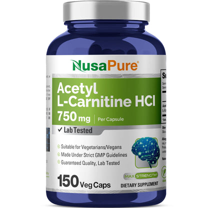 NusaPure Acetyl L-Carnitine 750mg per Caps 150 Veggie Capsules (Non-GMO, Vegan) High Potency Acetyl L Carnitine HCL (ALCAR) NusaPureBuy Supplements Australia