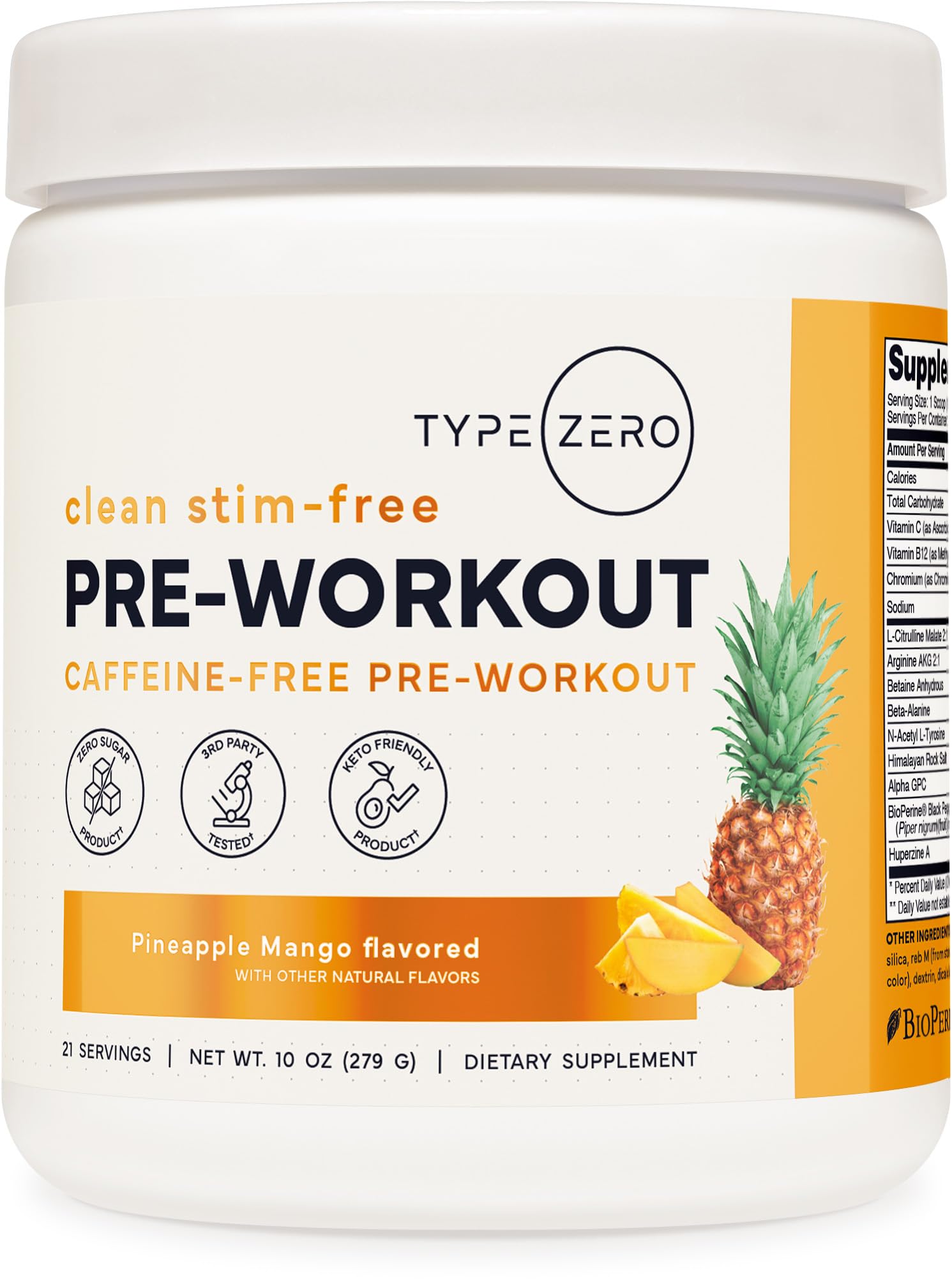 Type Zero Clean Stim Free Pre Workout Powder + Nitric Oxide Booster with L-Citrulline Malate, Arginine AKG, Beta Alanine - Caffeine & Stimulant Free - Pineapple Mango Flavor, 21 Servings Type ZeroBuy Supplements Australia