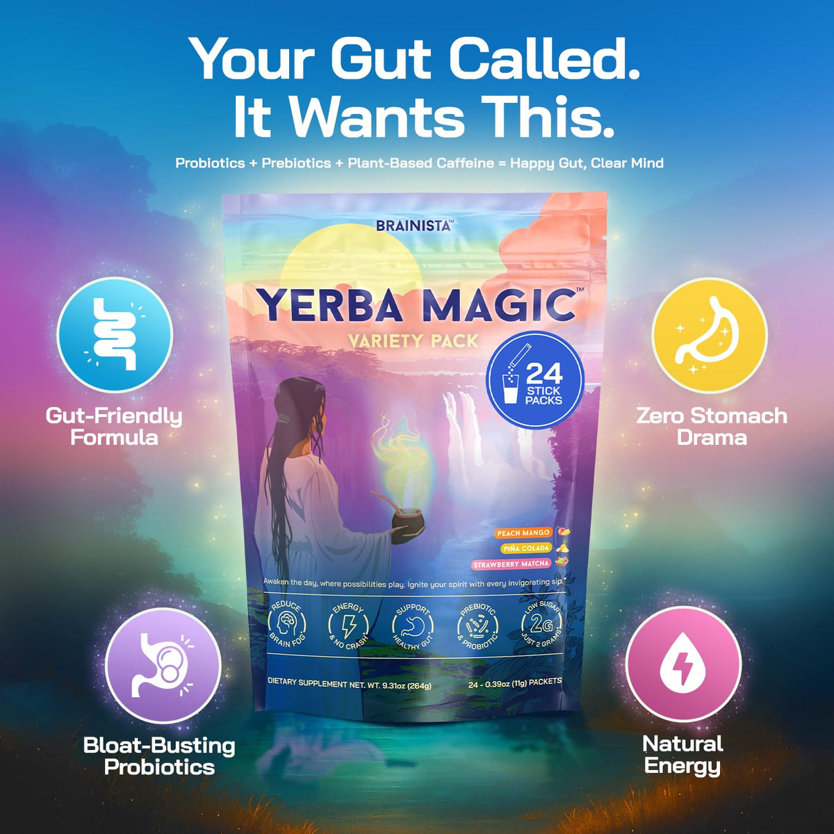 Yerba Magic Instant Yerba Mate Powder Packets – Clean Energy & Focus Drink Mix for Gut Health – Nootropic Blend with Lion’s Mane, L-Theanine, Prebiotics & Probiotics – Low Sugar Natural Caffeine – Variety Pack, 24 Sticks BrainistaBuy Supplements Australia