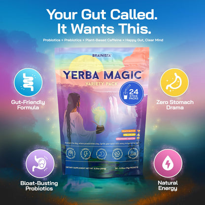 Yerba Magic Instant Yerba Mate Powder Packets – Clean Energy & Focus Drink Mix for Gut Health – Nootropic Blend with Lion’s Mane, L-Theanine, Prebiotics & Probiotics – Low Sugar Natural Caffeine – Variety Pack, 24 Sticks BrainistaBuy Supplements Australia