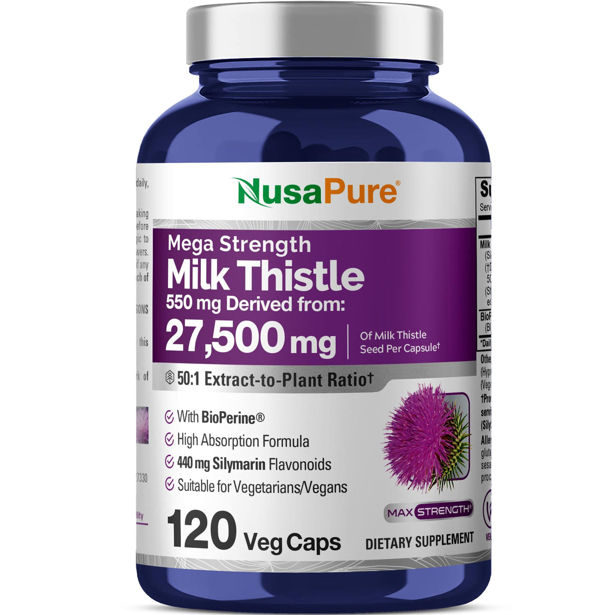 NusaPure Milk Thistle 50:1 Extract, 550 mg Equivalent to 27,500mg 120 Veggie Capsules Non-GMO, Vegan Max Strength - Standardized 80% Silymarin, Bioperine NusaPureBuy Supplements Australia