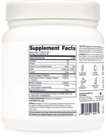 Type Zero Multi Collagen Powder 30 Servings (Unflavored) - Types I, II, III, V, & X Collagen Peptides + Hyaluronic Acid, VIT C, Biotin Type ZeroBuy Supplements Australia