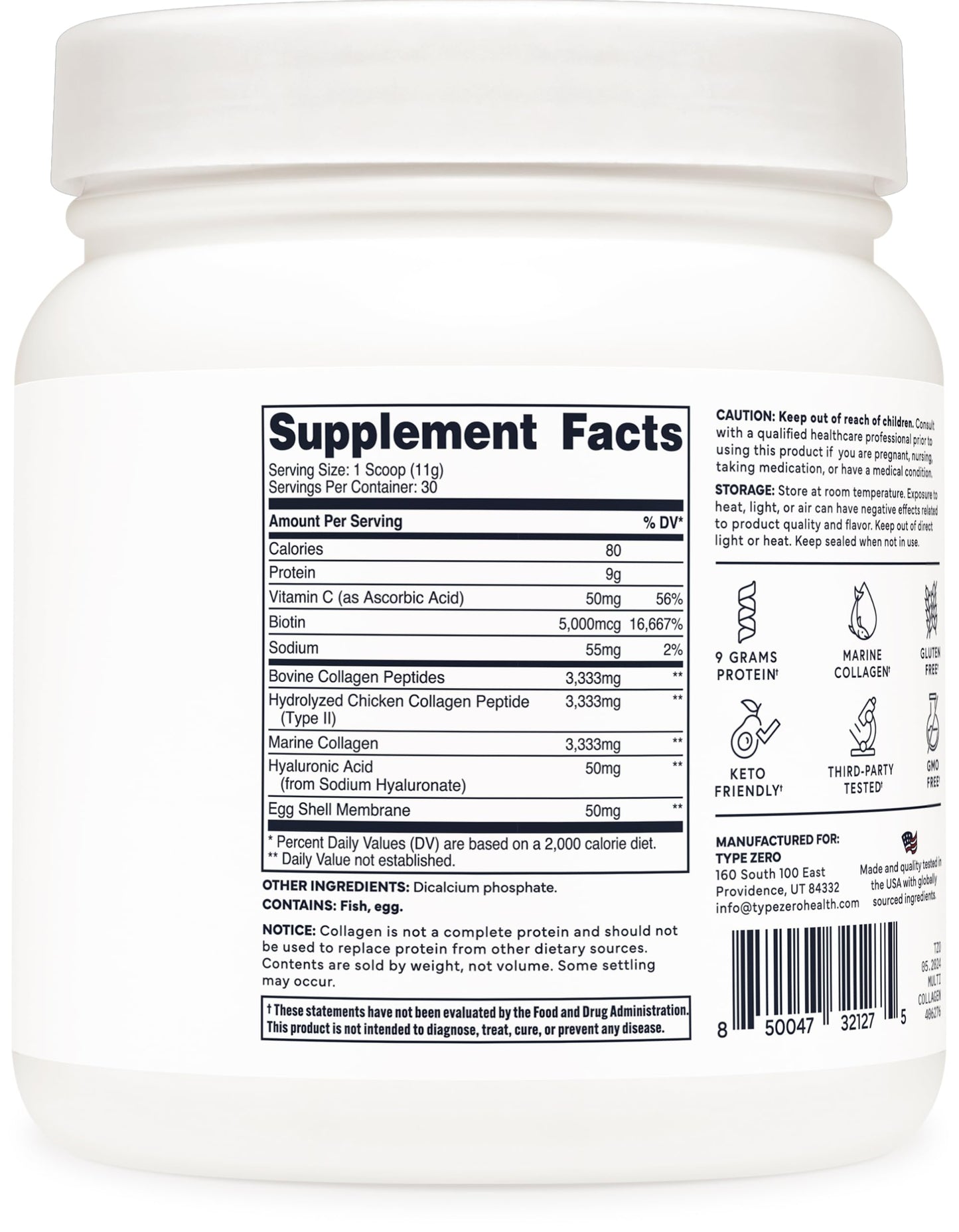 Type Zero Multi Collagen Powder 30 Servings (Unflavored) - Types I, II, III, V, & X Collagen Peptides + Hyaluronic Acid, VIT C, Biotin Type ZeroBuy Supplements Australia