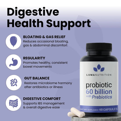 Luma Nutrition Probiotics 60 Billion CFU with Prebiotics - Probiotics for Women and Men - Formulated for Digestive Enzyme Health - Vegan & Gluten-Free - 60 Capsules Luma NutritionBuy Supplements Australia