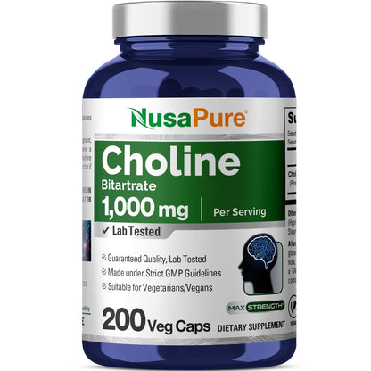 NusaPure Choline Bitartrate - Suitable for Vegetarian/Vegan, Non - GMO - 1000 mg 200 Capsules NusaPureBuy Supplements Australia