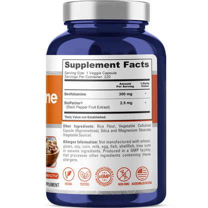 NusaPure Benfotiamine 300mg Per Veggie Caps 220 Count (Non-GMO, Vegan) Bioperine NusaPureBuy Supplements Australia