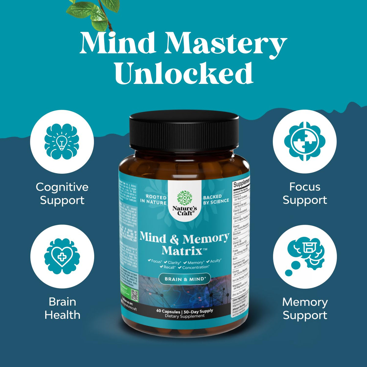 Nootropic Brain Supplement for Memory and Focus Enhancement - Vitamins for Mental Health & Clarity with VIT A, B6, Riboflavin, Niacin, Thiamin & Folate - Cognitive Complex for Mind Vitality - 60 Ct Natures CraftBuy Supplements Australia