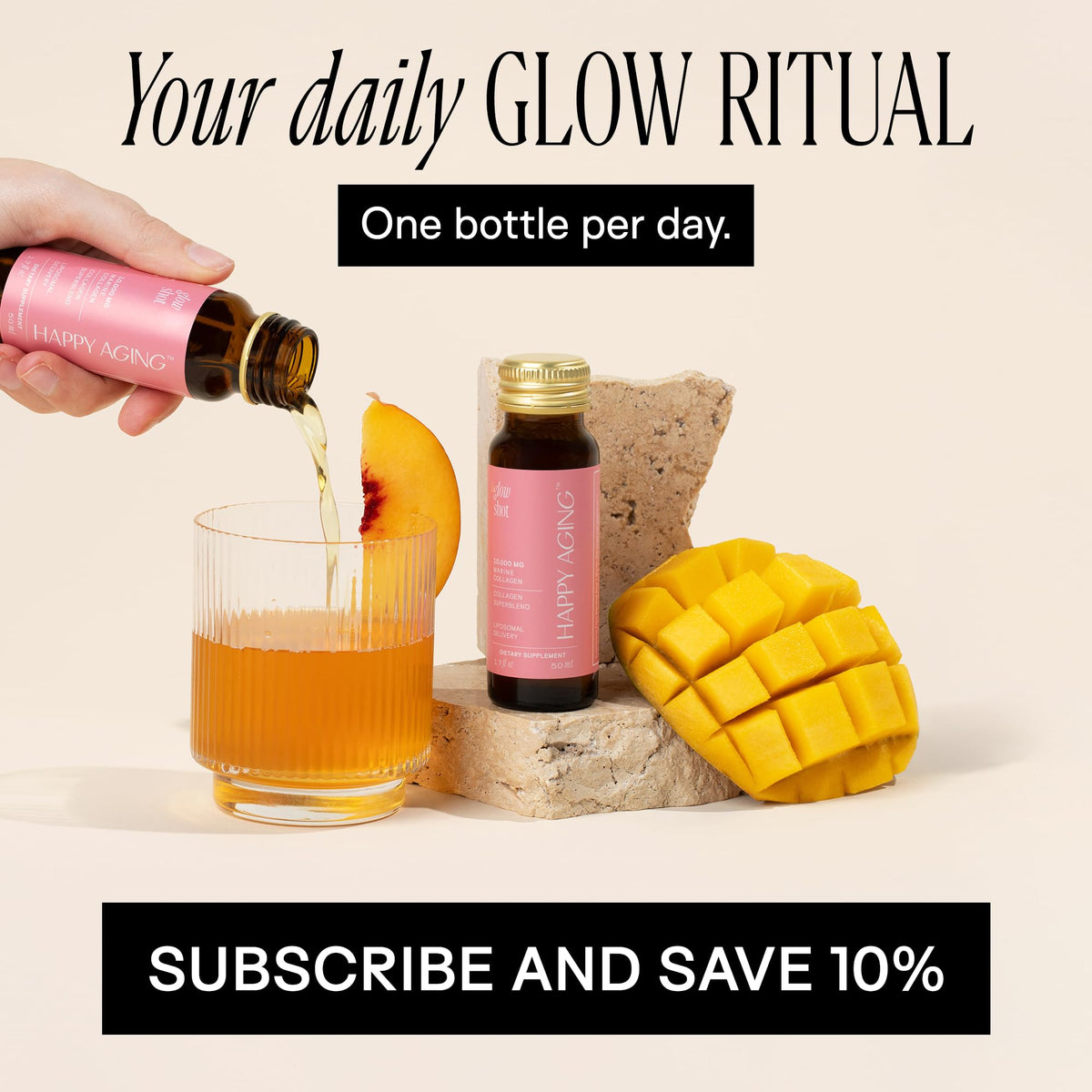 Happy Aging Marine Collagen Peptides Glow Shot 10,000mg - Liquid Collagen for Women with Liposomal Delivery - Promotes Skin Hydration, Elasticity & Radiance - Supports Hair & Nails, 10 Shots Happy AgingBuy Supplements Australia