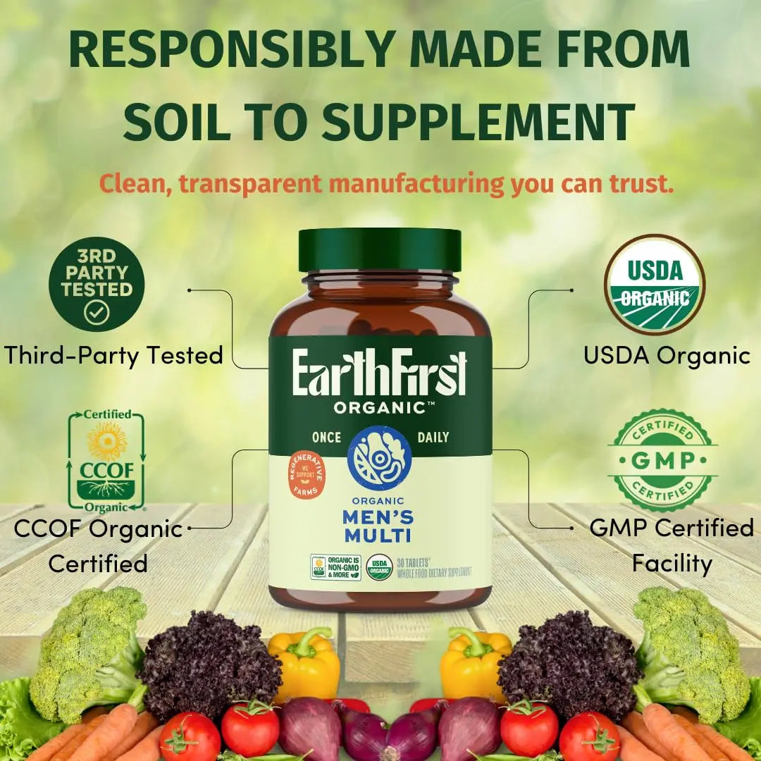 EarthFirst Organic Men’s Multi Once Daily, Whole-Food Multivitamin with 19 Vitamins & Minerals for Energy, Heart, Bone Strength EarthFirst Organic