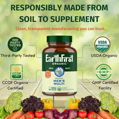 EarthFirst Organic Men’s Multi Once Daily, Whole-Food Multivitamin with 19 Vitamins & Minerals for Energy, Heart, Bone Strength EarthFirst Organic