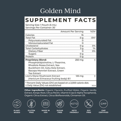 CYMBIOTIKA Golden Mind Nootropic - Boosts Focus, Memory, Alertness, Supports Nervous System with Bacopa, Green Tea, Lion’s Mane, L-Theanine, Rhodiola | 30 Pouches CYMBIOTIKABuy Supplements Australia