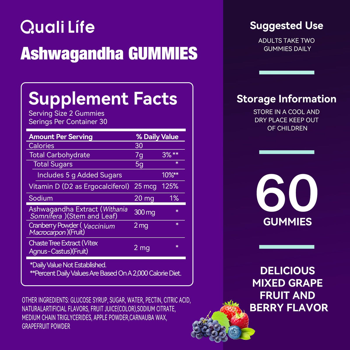 QualiLife Ashwagandha Gummies for Relax & Cortisol Support – High Strength Root Extract with Cranberry & Chaste Tree, Grapefruit & Berry Flavour – Vegan, Non-GMO, Gluten-Free – 60 Gummies (30 Days) QualiLifeBuy Supplements Australia