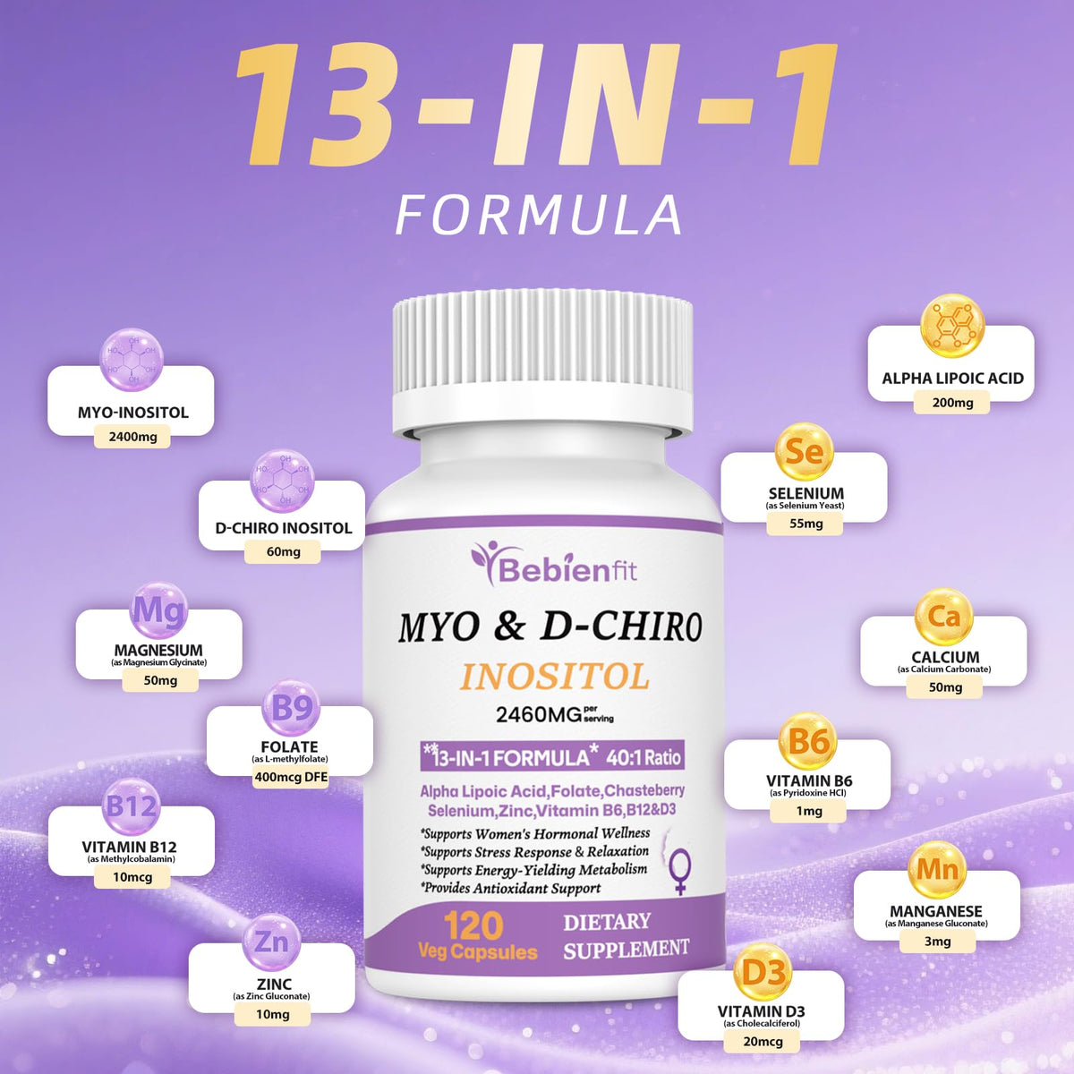 13-in-1 Myo Inositol & D-Chiro Inositol for Women PCOS,Hormonal Balance,2460mg-40:1 Ratio,Ovarian Health&Cycle Support Supplement Plus Alpha Lipoic Acid/Folate/Vitex/Magnesium/Multivitamin,120 Veg Cap Bebien fitBuy Supplements Australia