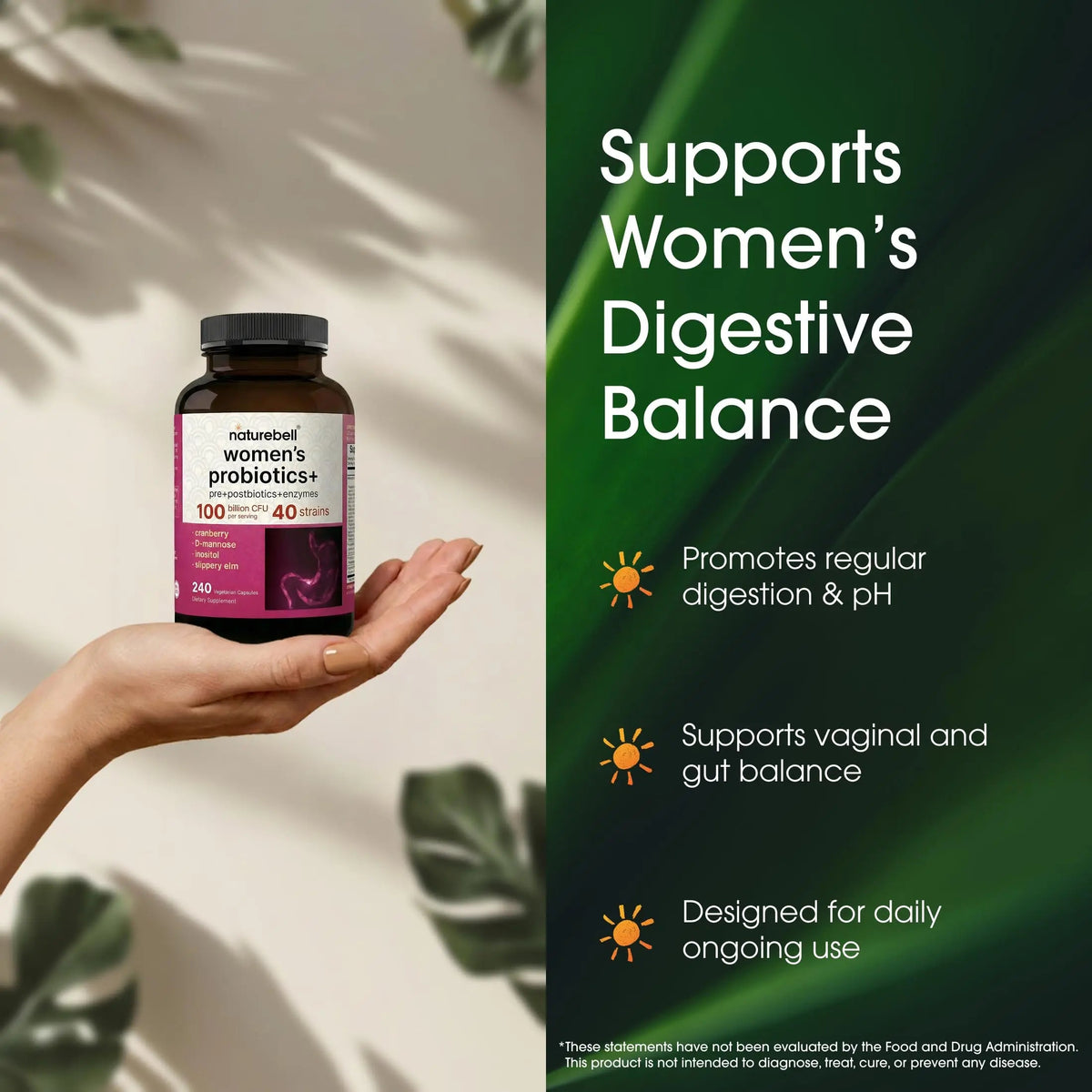 NatureBell Women's Probiotics+ - 240 Vegetarian Capsules - Prebiotic, Probiotic, Postbiotic & Digestive Enzymes - Made with Cranberry, D-Mannose, Inositol & More NatureBellBuy Supplements Australia