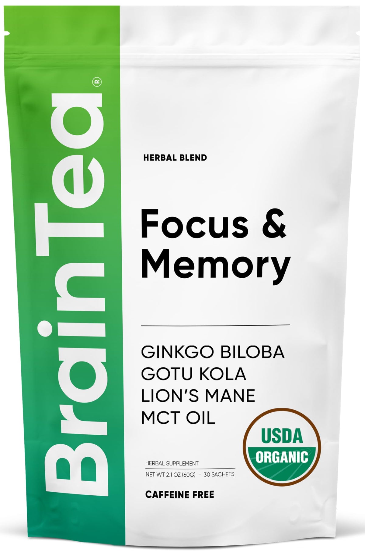 Brain Tea Focus & Memory - Brain Tea Organic Certified 4-in-1 Nootropic Herbal Supplement with Ginkgo Biloba, Gotu Kola, Lion’s Mane Mushroom, MCT Caffeine-Free for Mental Clarity (30 Sachets) Brain TeaBuy Supplements Australia