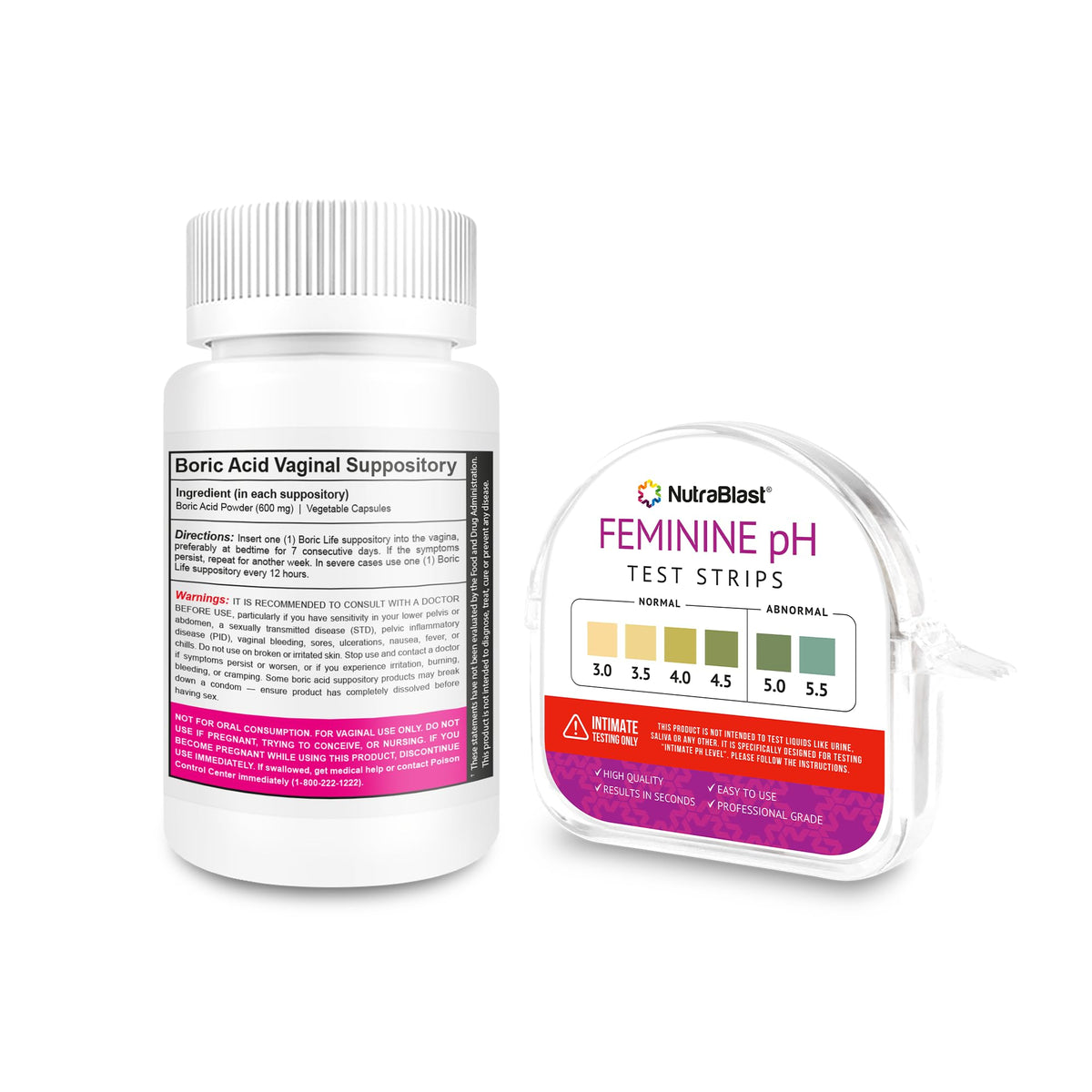 NutraBlast Boric Acid Suppositories 600mg (30 Count) Bundle with Feminine pH Test Strips 3.0-5.5 (100 Tests Roll) | Monitor Intimate Health | Accurate Women’s Acidity & Alkalinity NutraBlastBuy Supplements Australia