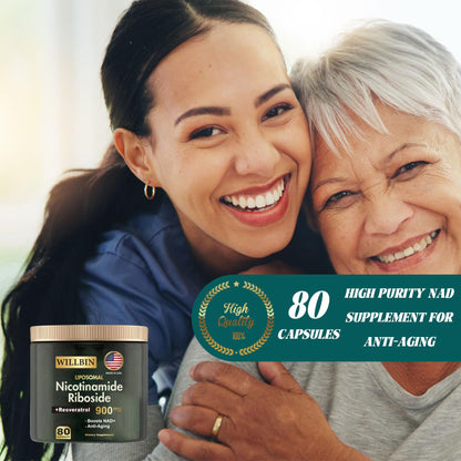 Willbin Liposomal NAD+ Supplement, Nicotinamide Riboside with Resveratrol, NAD Nicotinamide Riboside Boost Energy Focus Anti-Aging for Women & Men - 80 Vegan Capsules WillbinBuy Supplements Australia