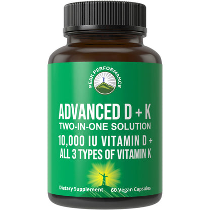 Peak Performance Advanced Vitamin D 10000 IU with All 3 Types of Vitamin K - 10,000 Vitamin D3 and Vitamin K2, K1, MK-7 (MK7), MK4 Capsules Supplement - 60 Small and Easy to Swallow Pills Peak PerformanceBuy Supplements Australia