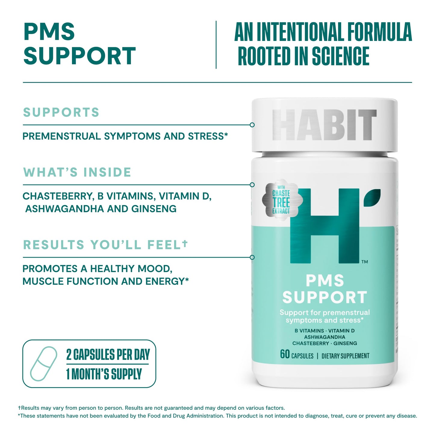 Habit PMS Support Supplement for Women (60 Capsules) - Supports Premenstrual Symptoms & Stress, Hormone Balance, Mood, B Vitamins, Vitamin D, Chasteberry, Ashwagandha, Gluten-Free, Non-GMO (1 Pack) H' HabitBuy Supplements Australia
