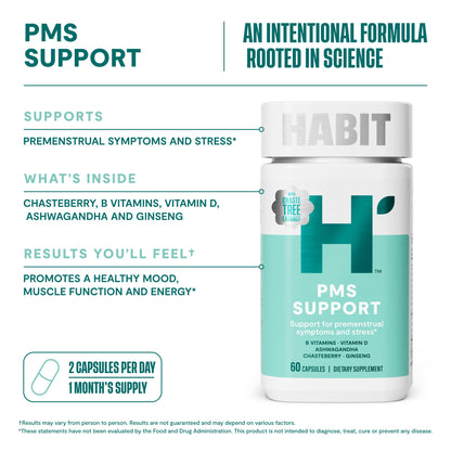 Habit PMS Support Supplement for Women (60 Capsules) - Supports Premenstrual Symptoms & Stress, Hormone Balance, Mood, B Vitamins, Vitamin D, Chasteberry, Ashwagandha, Gluten-Free, Non-GMO (1 Pack) H' HabitBuy Supplements Australia
