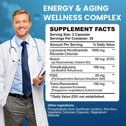 CNCHEF Liposomal NAD Supplement -1000mg, NAD Resveratrol Supplement for Women & Men with Nicotinamide Riboside, Resveratrol, PQQ & TMG, NAD Plus Boosts NAD+ Levels, Anti-Aging & Brain, 60 Capsules CNCHEFBuy Supplements Australia