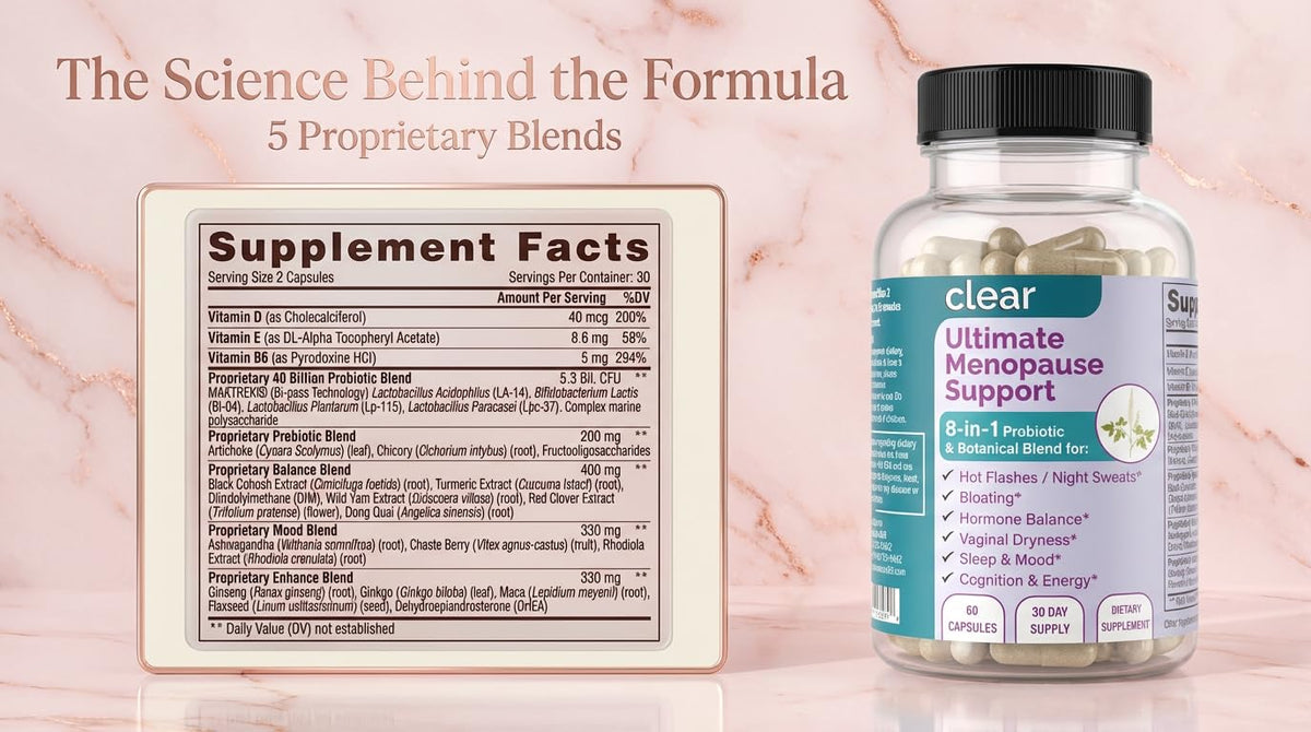 Clear Menopause Support for Women | 25-in-1 Formula with Black Cohosh, Dong Quai, Pre & Probiotics | Hot Flashes, Night Sweats, Mood, Sleep & Digestion | Hormone-Free | Made in USA | 60 Capsules Clear ProbioticsBuy Supplements Australia