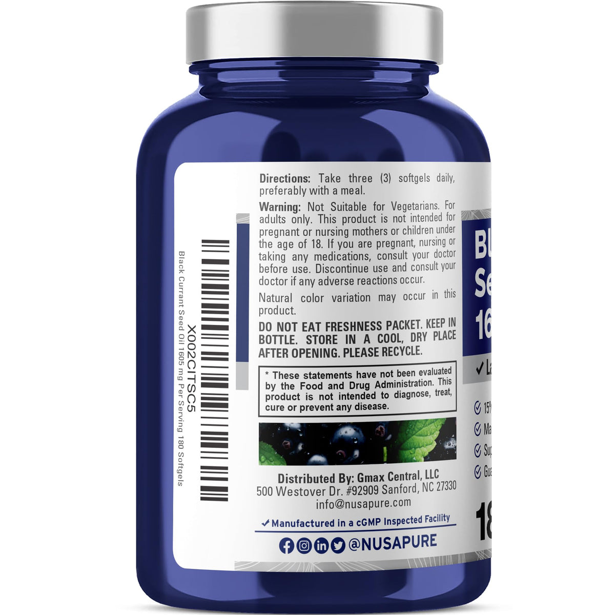 NusaPure Black Currant Seed Oil 1605 mg Gamma Linoleic Acid (GLA) 15% 180 Softgels (Non-GMO, Soyfree) NusaPureBuy Supplements Australia