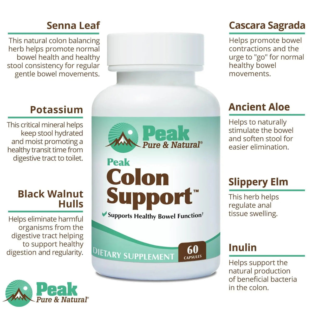 Peak Pure & Natural Colon Support - Colon Cleanse and Detox Supplement for Digestive Health - Gut Health Support with Inulin and Senna Leaf Extracts - with Fiber, Prebiotics, and Probiotics - 1 Pack Peak Pure & NaturalBuy Supplements Australia