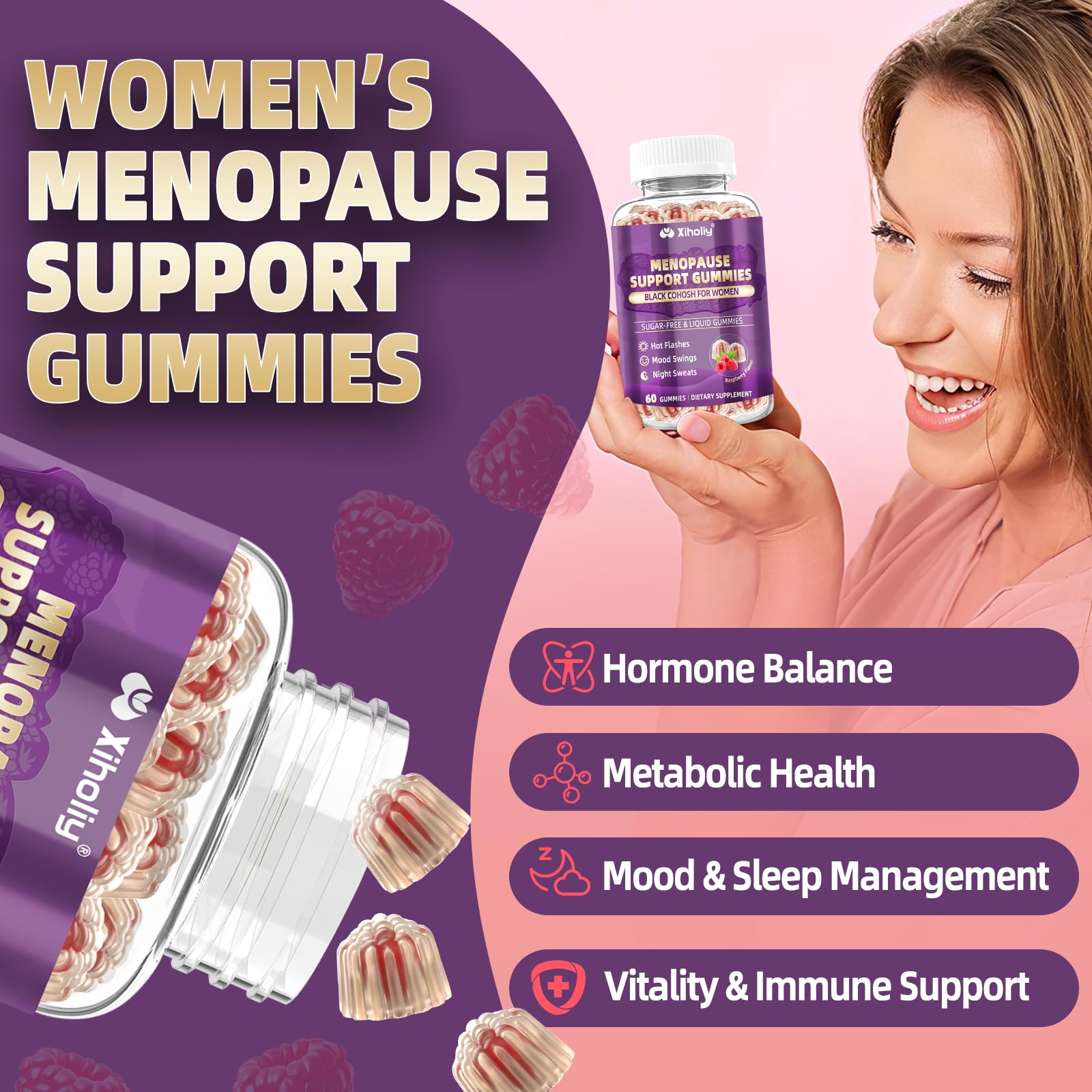 Menopause Supplements for Women with Black Cohosh, Menopause Relief Sugar Free Gummies for Hot Flashes, Natural Female Hormone Balance & Ashwagandha, Magnesium for Night Sweats, Mood Swings, 60 Count XIHOLIYBuy Supplements Australia