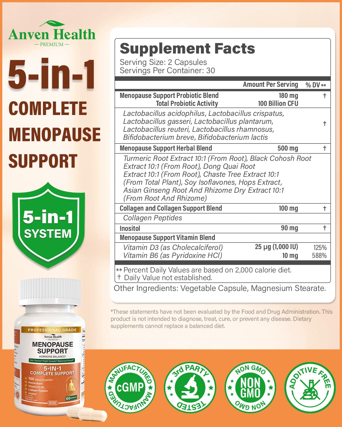 Anven Health Menopause Supplements for Women, Vitamin D3 & B6, Menopause Relief Probiotics Supports Hot Flashes, Night Sweats, Bloating & Gut Health with Black Cohosh, Herbs, Collagen | 60 Veggie Caps Anven HealthBuy Supplements Australia