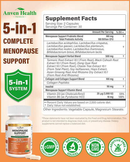 Anven Health Menopause Supplements for Women, Vitamin D3 & B6, Menopause Relief Probiotics Supports Hot Flashes, Night Sweats, Bloating & Gut Health with Black Cohosh, Herbs, Collagen | 60 Veggie Caps Anven HealthBuy Supplements Australia
