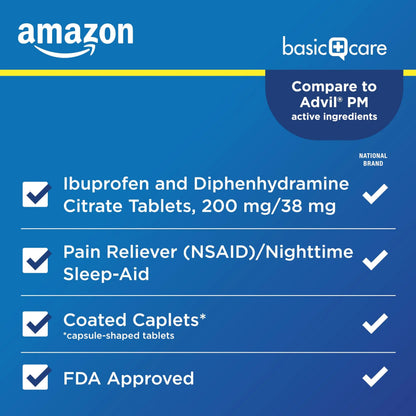 Amazon Basic Care Ibuprofen PM, Ibuprofen 200 mg and Diphenhydramine Citrate 38 mg, Pain Reliever and Nighttime Sleep-Aid, Capsule-Shaped Tablets, 120 Count Amazon Basic CareBuy Supplements Australia