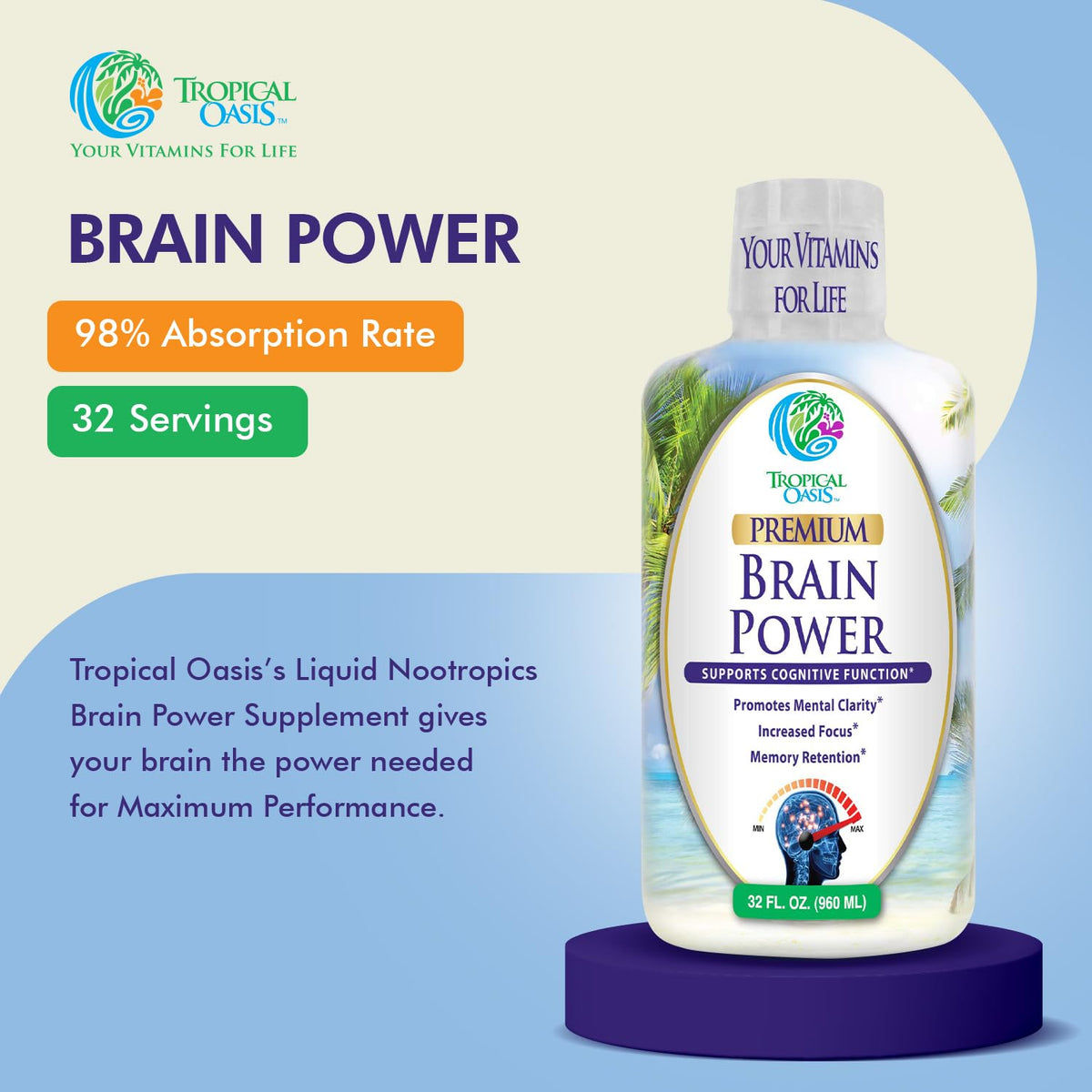 Tropical Oasis - Brain Power | Liquid Nootropic Supplement - Promotes Mental Clarity, Focus, and Memory Retention (Unflavored, 32 Servings) Tropical OasisBuy Supplements Australia
