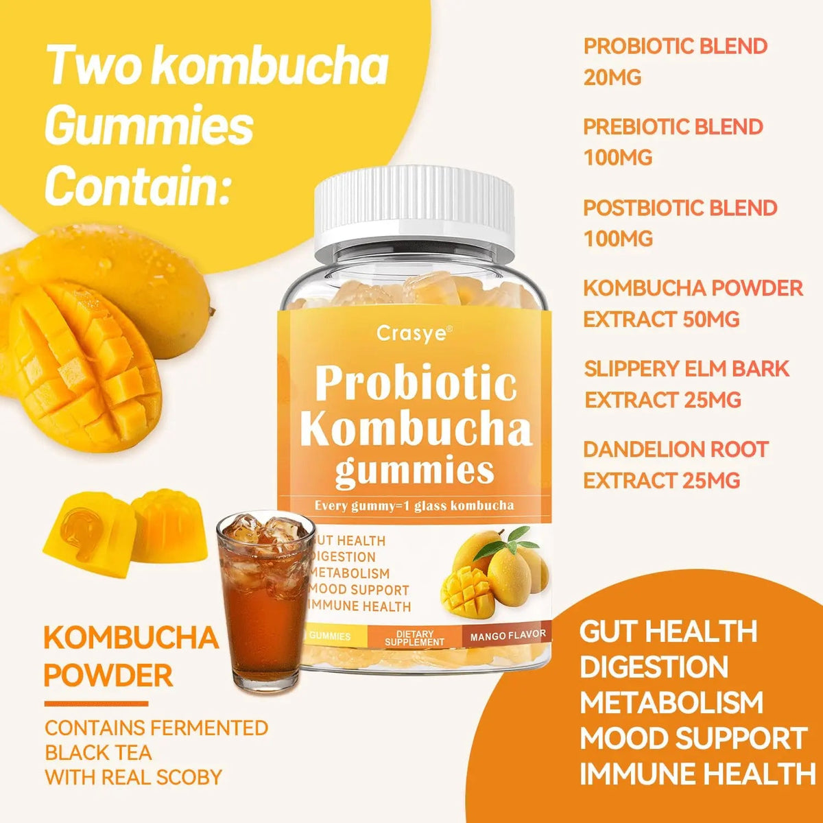 Crasye Probiotic Kombucha Gummies Sugar Free Prebiotic Postbiotic Probiotics Gummies with Slippery Elm for Women and Men Bloating Gut Health Immune and Digestive Support - 60 Gummies - 30 Servings CrasyeBuy Supplements Australia